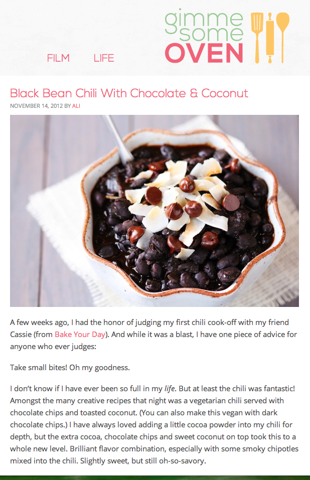 Black bean chili with chocolate and coconut from gimmesomeover.com