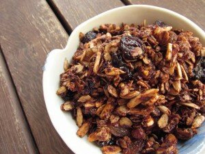 chocolate granola w cacao nibs almonds and cherries